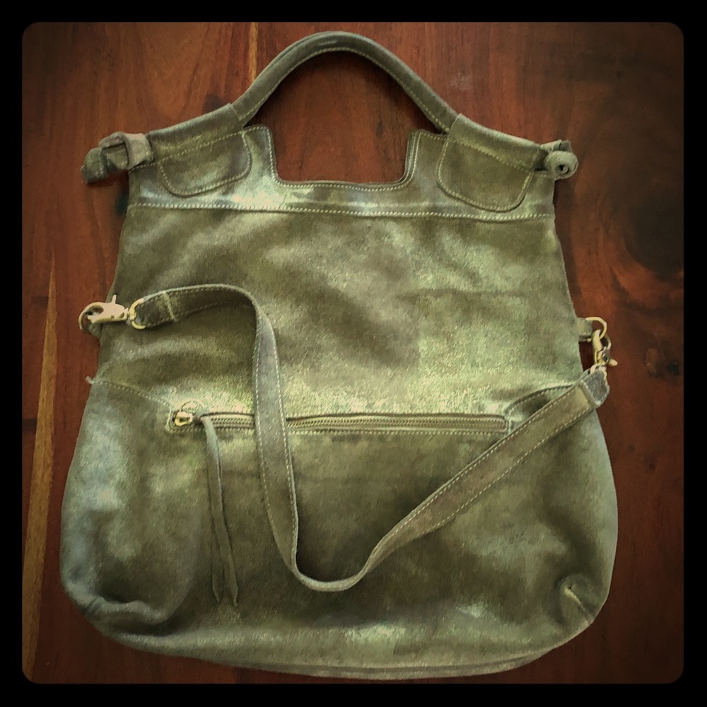 Mid City Tote gold fleck suede handbag